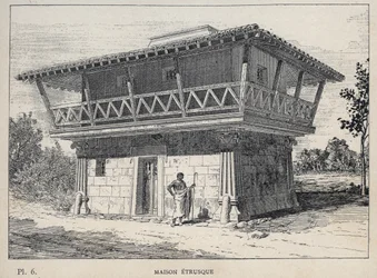 Maison etrusque (etruskisk hus) - indgravering af 1889 i "History of human habitation at the Universal Exhibition of 1889, by Mr Charles GARNIER - Librairie centrale des beaux-arts Paris 1889