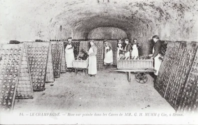 Fremstilling af champagne: det nyeste inden for flasker i en Mumm-kælder i Reims i begyndelsen af det 20. århundrede (foto)