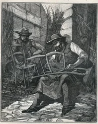 Fremstilling af stole: mulching og caning af stole. Indgravering fra 1885 i "" Les arts et metiers illustres"" af Adolphe BITARD.