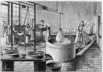 Fremstilling af gruyere: en moderne ostefabrik. Gravering i "" Nature: gennemgang af videnskaberne og deres anvendelser til kunst og industri "" af 19. september 1891.