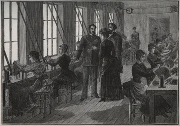 Fremstilling af metalfjer: slibeværksted i Frankrig i det 19. århundrede. Indgravering fra 1885 i "" Les arts et metiers illustres"" af Adolphe BITARD.