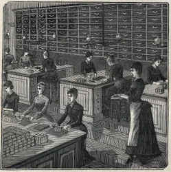 Fremstilling af metalfjer: sortering og indpakning af fjer på en fabrik i Frankrig i det 19. århundrede. Indgravering fra 1885 i "" Les arts et metiers illustres"" af Adolphe BITARD.