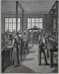 Fremstilling af penneholder (penholder) og blyantholder (blyantholder). Indgravering fra 1885 i "" Les arts et metiers illustres"" af Adolphe BITARD.