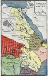 Kort over afrikanske territorier koloniseret af franskmænd og englændere langs Nilen. Illustration i "" Le Pelerin"" af 2. oktober