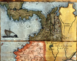 Kort over Mellemamerika i det 16. århundrede: over det viser regionerne Peru, Amazonas og Bogota (Panama, Colombia og Venezuela).