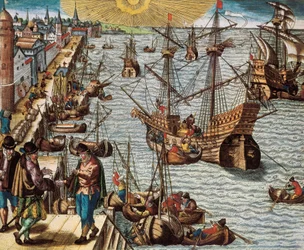 Maritim handel og handel med det spanske Indes (koloni), især besiddelsen af sukkerrør. Afgang fra havnen i Lissabon til Østindien, Amerika og Brasilien