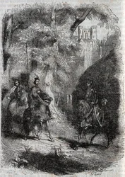 Marphise (Marfisa) and the Old Woman Meet Pinabel (Pinabello) - gravering af 1851 fra "" Furious Roland"" (1500-tallet) af Ludovico Ariosto, kendt som Ariosta - Udgave oversat fra italiensk af greven af ​​Tressan og udgivet af