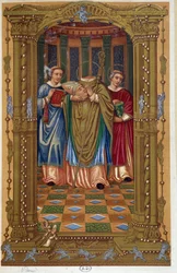 Martyrium of Saint Denis (holder hovedet i armene), efter dokument fra det 16. århundrede.