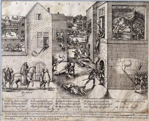 Massakren på Saint Barthelemy (Saint Barthelemy) i Paris natten til den 24. august 1572. Indgravering af det 16. århundrede. Pau, Musee Du Chateau