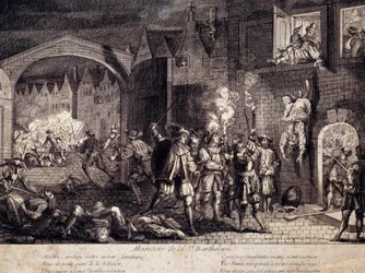 Massakren på Saint Barthelemy (Saint Barthelemy) i Paris natten til den 24. august 1572. Indgravering af det 16. århundrede. Pau, Musee Du Chateau