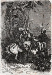 Møde mellem Marphise (Marfisa), Astolphe (Astolfo) og Sansonnet (Sansonetto) - gravering af 1851 fra "" Roland furieux" (1500-tallet) af Ludovico Ariosto, kendt som Ariosta - Udgave oversat fra italiensk af greven af ​​Tressan an