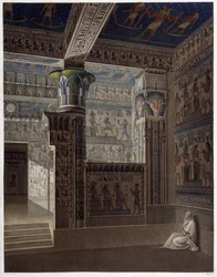 Memnonium Thebes, pl. 37: Farverigt interiør perspektivbillede af templet i vest - i "" Egyptian Antiquites"", sd. 19. århundrede