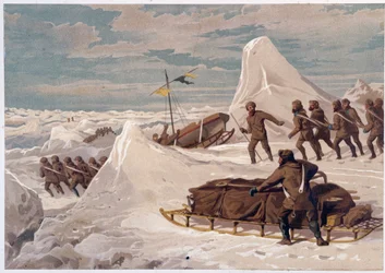 Mænd og slæder - i "" Polarhavets kyster, en arktisk ekspeditionsfortælling"", af Dr. Edward Moos, Marcus Nard & Co, London