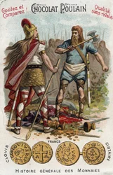 Merovingiens: Clovis 1. nedskyder soldaten, der havde knust Soissons fartøj, i 486. In General History of Coins. Chokolade-føl-kromolitografi fra slutningen af det 19. århundrede. Privat samling.
