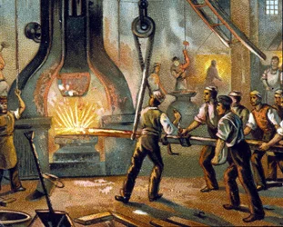 Metallurgi: trommehammer (trommehammer) - Fremstilling af jern. kromolitografi 1890.