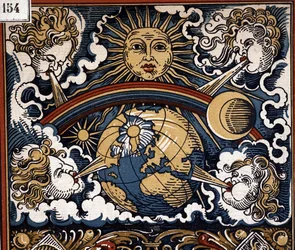 Meteorologisk allegori - Meteorologisk allegori (sol med jord, vind, regnbue) - kalenderillustration
