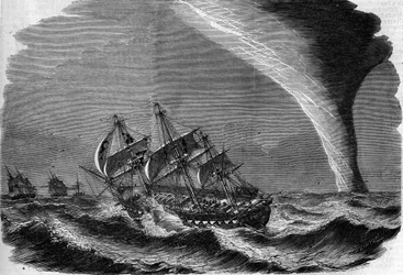 Meteorologisk fænomen: en tud på havet. Indgravering af Linton i ""The Illustrous World"" nr. 49 af 20. marts 1858.