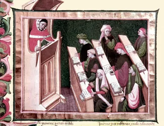 Middelalderen: undervisning på et universitet. Manuskript fra begyndelsen af det 15. århundrede. Det Nationale Centralbibliotek i Firenze.