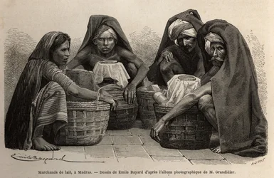 Mælkehandlere, i gaderne i Madras (nuværende Chennai, Tamil Nadu). Gravering til illustration af rejsen i Indiens meridionalprovinser af Alfred Grandidier, i 1862-1864, udgivet i "" le tour du monde" under ledelse af D