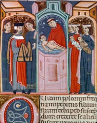 Miniature dåbsscene taget fra Justinian Code (Codex Justinianus), samling af love og institutioner udgivet under den romerske kejser Justinian I af Byzans (483-565)