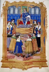 Miniature af det 15. eller 16. århundrede forestillende Ludvig XI (1423-1483) og ridderne af Sankt Mikaelsordenen.