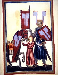Miniature af Codex "Manesse", eller "Manessesche Liederhandschrift", som er et manuskript lavet i Alsace mellem 1300 og 1330 for et bemærkelsesværdigt Zürich. Repræsentation af Wolfram von Eschenbach, en tysk digter, der skrev romanen "" Parzival"" mellem 