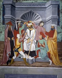 Mocking of Christ, Life of Christ (1400-tallet), kalkmalerier, St. Sebastians kapel, Villard-de-Lans, Rhone-Alpes, Frankrig.