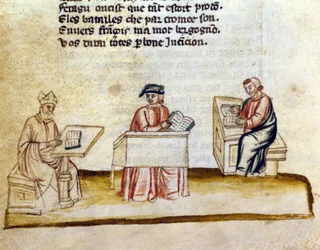 Munke studerer i et kloster, miniaturemanuskript