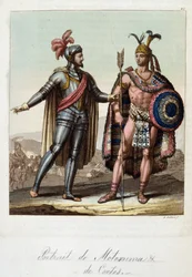 Montezuma II, Aztec King, og Hernan (eller Hernando) Cortes eller Fernand Cortez (1485-1547), spansk erobrer - i "" The Old and Modern Costume"" af Ferrario, red. Milano