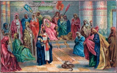 Moses og Aron mod den vrede Farao Chromolithography fra slutningen af det 19. århundrede.