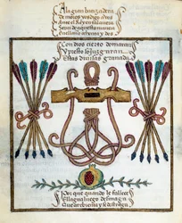 Motto for katolske konger. Emblem af katolske konger. Miniature i "" Devotorio de la Reyna Da Juana, hvem de kaldte La Loca"" af Pedro Marcuello