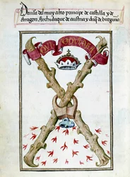 Motto for hertugerne af Bourgogne. Manuskriptside taget fra "" Collection of devotion of Queen Joan the Folle (1479-1555) of Spain"" af Pedro Marcuello ("Devotion of Queen Da Juana who was called the Madwoman") 15. århundrede Chantilly, Musee Conde