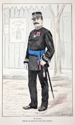 Mr. Roudil, fredsofficer i biltjenesten. Radering i farver, til illustration "" History of the Corps of Peacekeepers""" bog udgivet i regi af Louis Lepine (1846-1933), præfekt for politiet på Seinen, af Alfred Rey (1864-?) og Lo