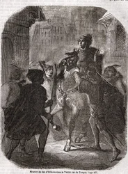 Mordet på Ludvig I af Valois, hertug af Orléans (1372-1407), i den gamle Rue du Temple begået af Jean sans Peur - i „Histoire de France“ af L.-P. Anquetil
