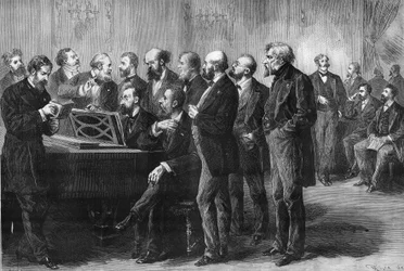 Musikkonkurrence i byen Paris i 1878. Juryen på Palais du Luxemburg undersøger partiturene "Pardis lost" og "Mug". Fra venstre mod højre: Column, Perrin, Cherouvrier, Gounod, Boulanger, Camille Saint Saens (Saint-Saens), Lenepveu, vaucorbe