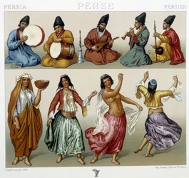 Musikere og dansere i Persien - i "" Det historiske kostume"" af Racinet