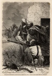 Muslimske bjergbestigere genbosatte sig i Svats bjerge og kæmpede mod en engelsk ekspedition i 1863 for at stoppe plyndringen af landsbyer i regionen. Gravering for at illustrere historien om Pandjab og Kashmir, af Guillaume Lejean i 1866, udgivet i "" Le 