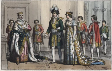 Napoleon Bonaparte (1769-1821), som konge af Italien - Vicekonge (vicekonge) - en vicekongens hustru - Butler - Lord Chamberlain - Page-boy - equerry - ceremonimester - gravering fra "" Skikke og skikke for alle folk i universet. Eller regeringens historie