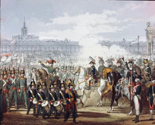 Napoleon Bonaparte (1769-1821) gennemgår den lombardiske og cispadanske legion af militsen den 09/07/1797 Akvarelgravering. Milano, Museo del Risorgimento