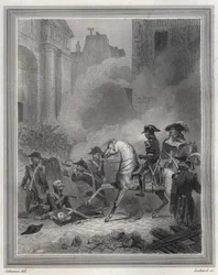 Napoleon knuser Royalist Rebellion - Napoleon Bonaparte (til hest) kommanderede revolutionære tropper i gadekampe den 13. Vendemiaire (5. oktober) - 13. Vendemiaire 1795 (Royalistisk opstand den 5. oktober 1795): Bonaparte genindtog ordenen ved shoo