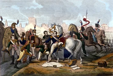 Napoleon I såret foran Regensburg den 23. april 1809. Indgravering 1800-tallet.