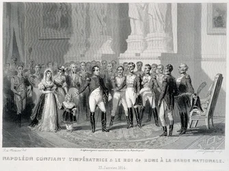 Napoleon betror kejserinden og hendes søn, kongen af Rom, til Nationalgarden (23. januar 1814) - i »Fastes de Gardes nationales de France«