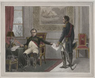 Napoleon underskriver sin abdikation 1814 - Napoleon Bonaparte (1769-1821) i Fontainebleau under sin første abdikation, underskrevet i april 1814 Indgravering i "Les Fastes Populaires, ou Histoire des acts heroiques du peuple et de son influence sur les sc