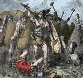 Narses overvinder østgoterne - invasioner af barbarerne: Narses (478-573) Byzantinsk general, eunuk, af kejser Justinian I vinder mod østgoterne i slaget ved Taginae, Italien, i år 552. Farvestik fra det 19. århundrede