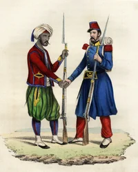 Indfødte og franske jægere fra den franske hær af Afrika i Algeriet i 1830. I "" Storia d