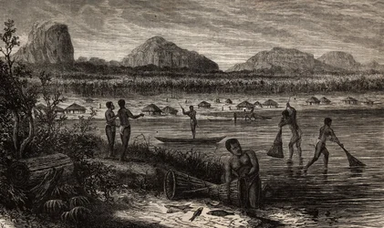 I nærheden af grå stær i Rovuma (Mozambique), fiskeriet af fisk. Indgravering til illustration af Dr. Livingstones første rejser til det sydlige Afrika fra 1840 til 1856, i "Le tour du monde, nouveau journal des voyages"" udgivet under direktivet