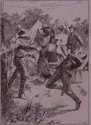 Ned Kelly dræber politikonstabel Lonigan ved Stringybark Creek i 1878 (gravering)