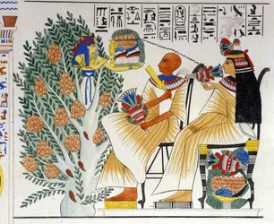 Nephtys, egyptisk gudinde, springer ud af det mystiske træ og tilbyder mad til den afdøde - i "Monumenter af Egypten og Øvre Nubien" af Ippolito Rosellini (Rossellini). 19. århundrede.