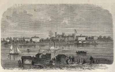 New York State - Emigration Commission Establishment - Ward Island - Indgravering i "The Illustrous Universe" fra 1869