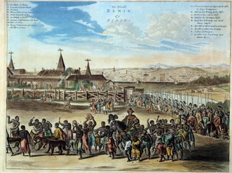 Nigerias hovedstad i kongeriget Benin højtidelig udgang af kong Houegbadja (1645-1689), i Obamey i 1680. Gravering fra 1686. Paris, afrikansk og oceanisk kunst.
